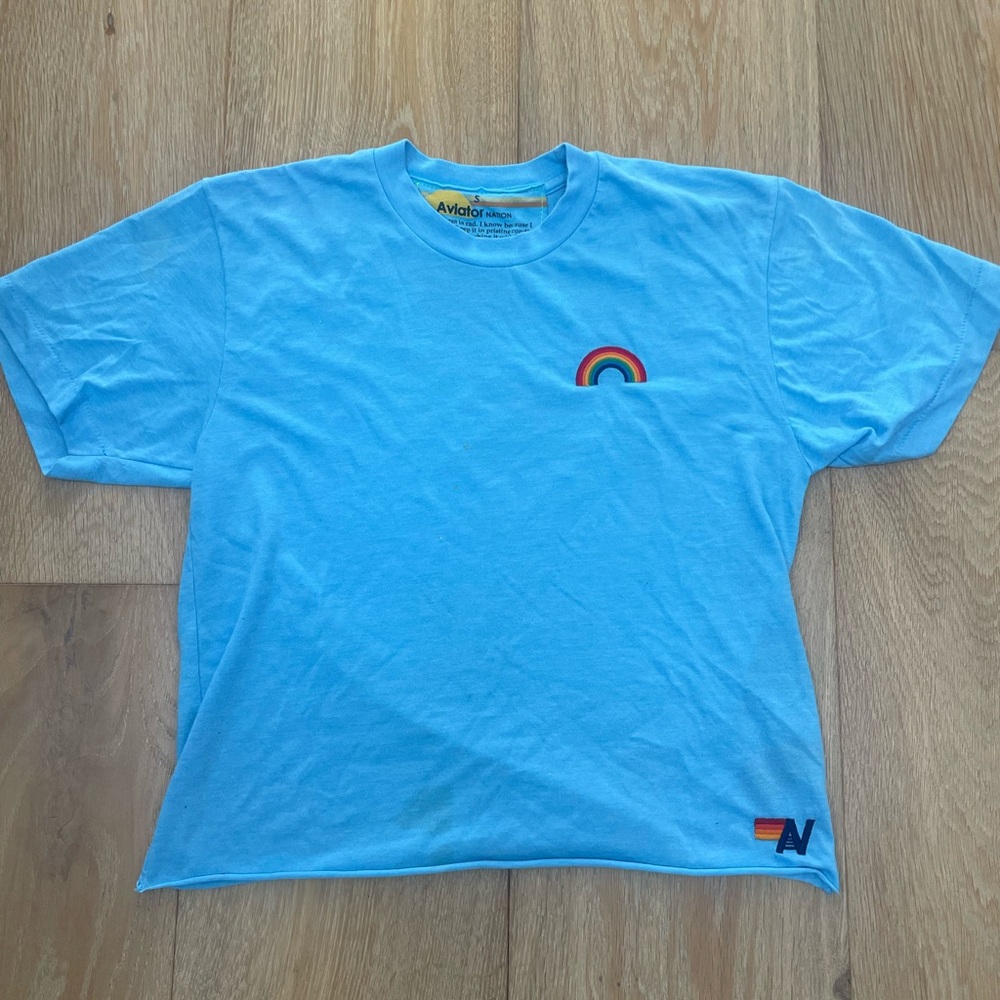 Aviator Nation women's  Sky Blue Tee with Rainbow Embroidery size small